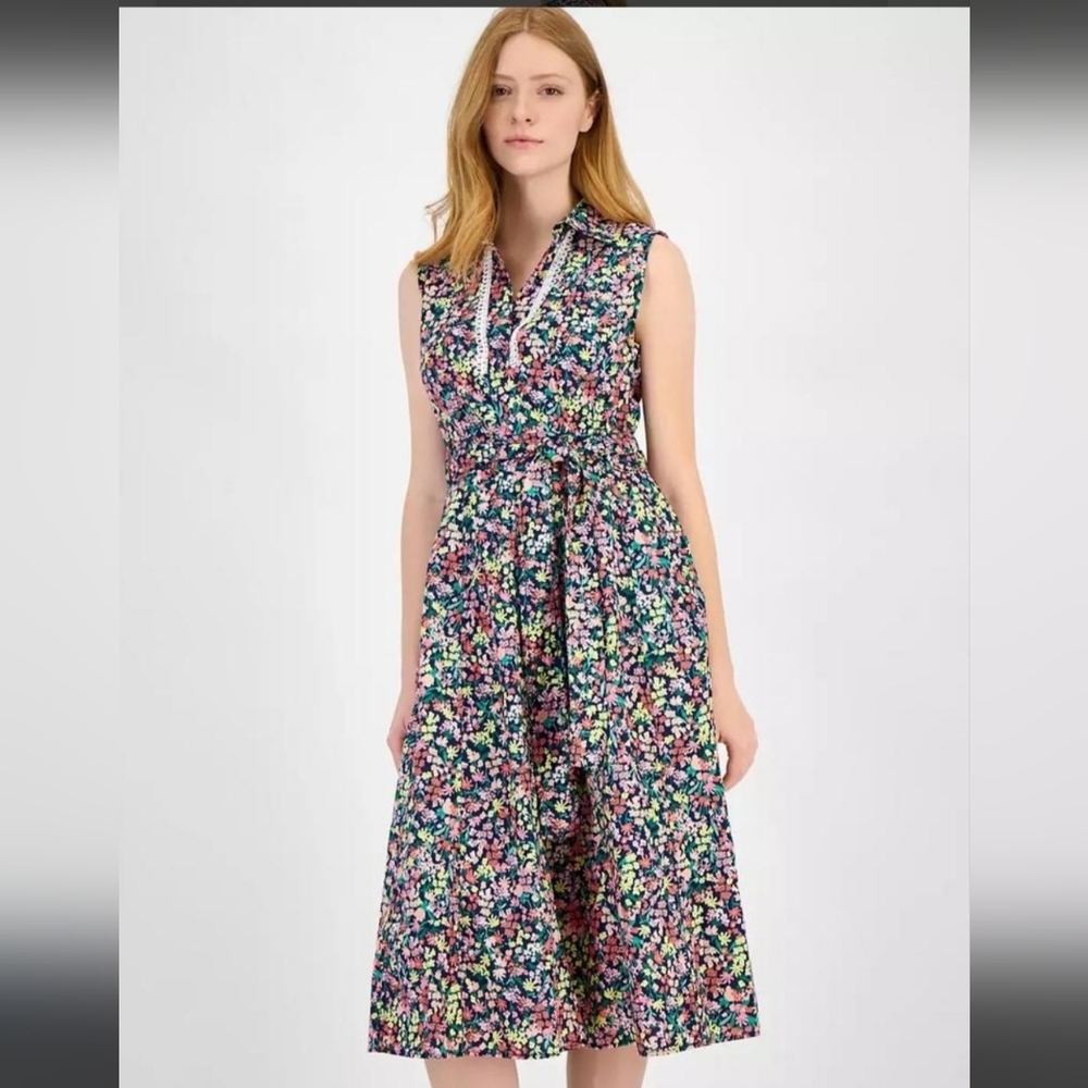 Tommy Hilfiger Floral 100% Cotton Shirt Dress Belted Size M NWT